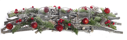 Table centre w/3 T-light hldr w/natural twig/red berries and pine 50cm