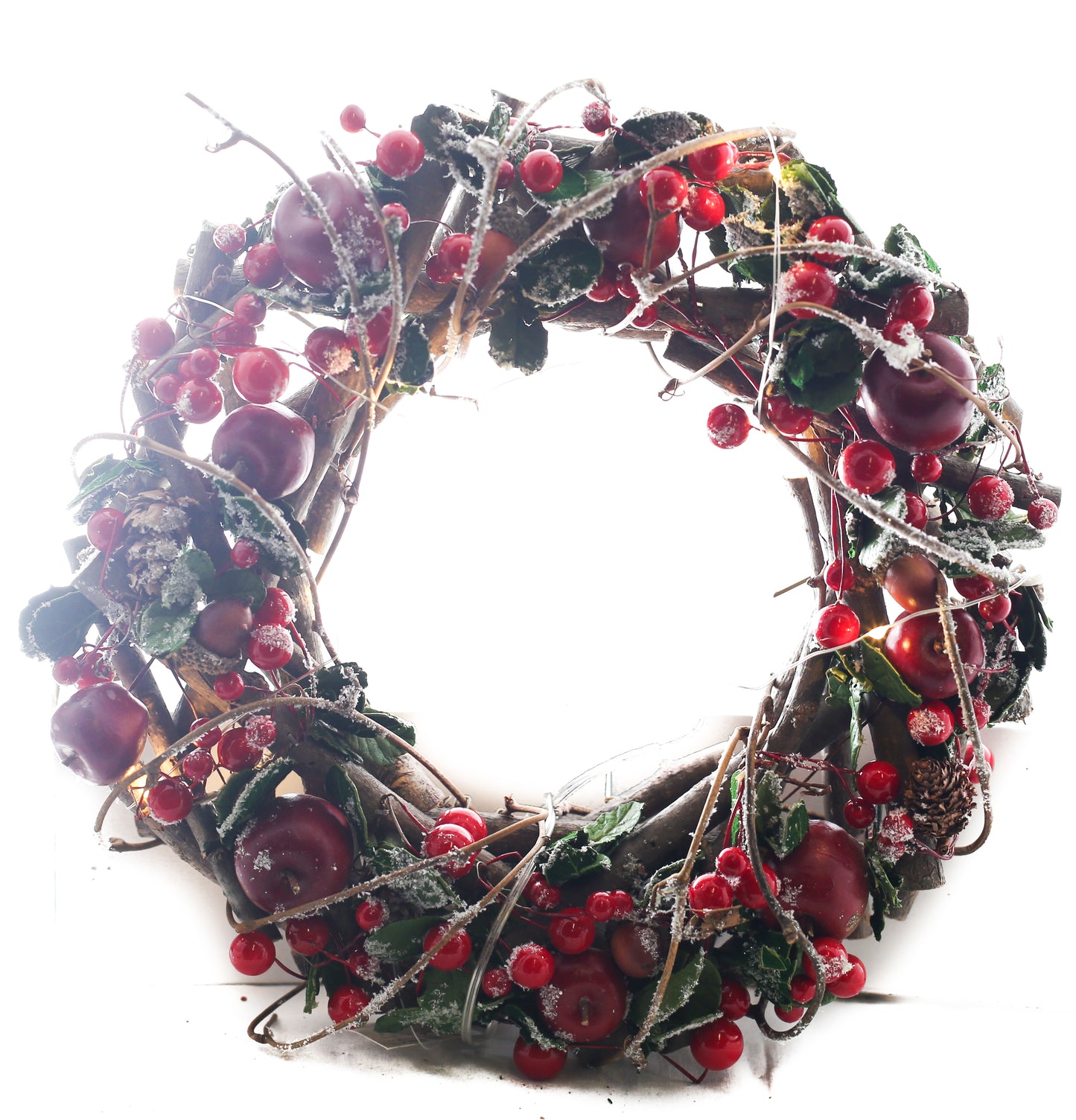 Large Wreath w/twigs/berries/leaves and frost and led lights