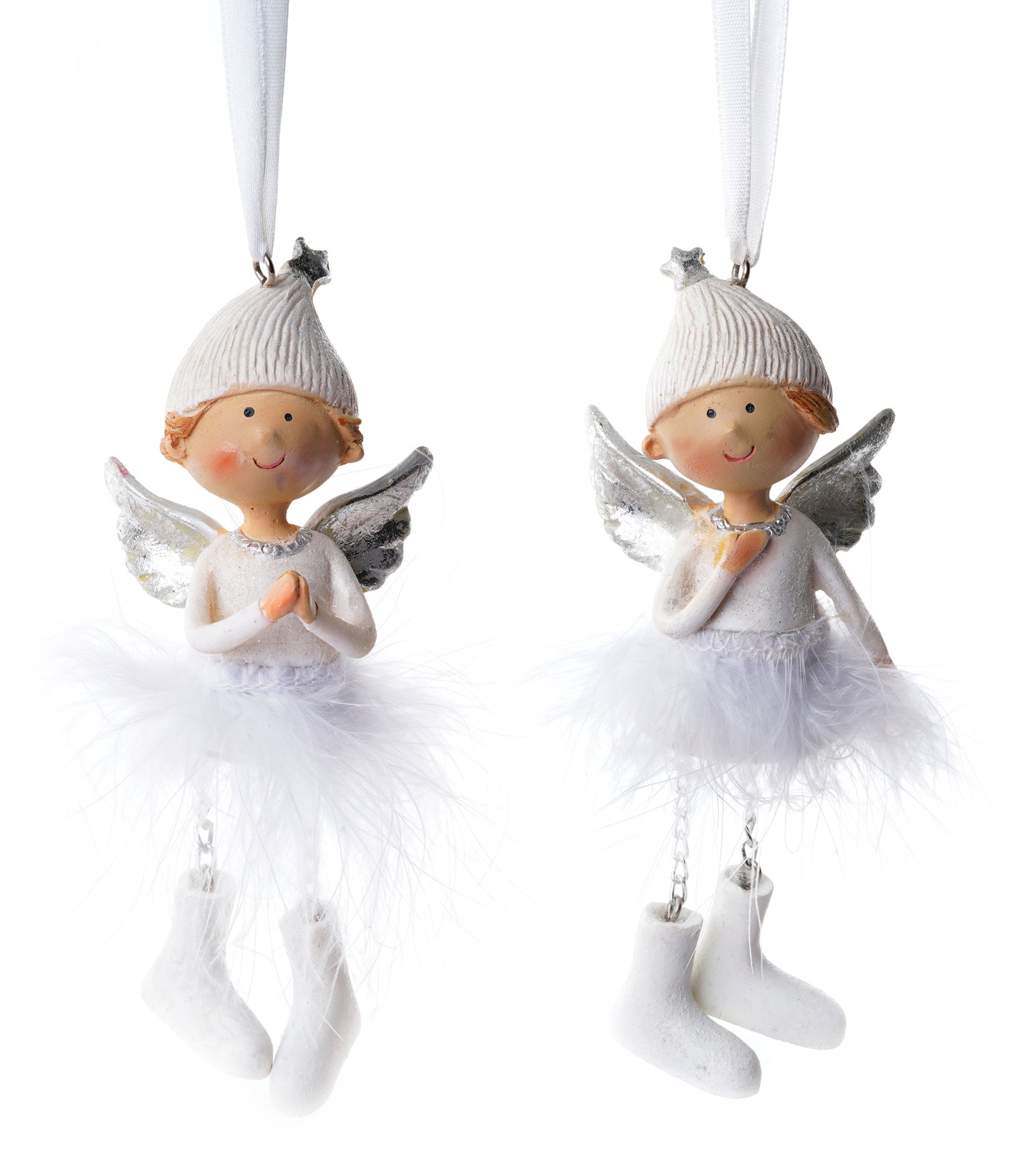 Large hanging white angels with feather skirt