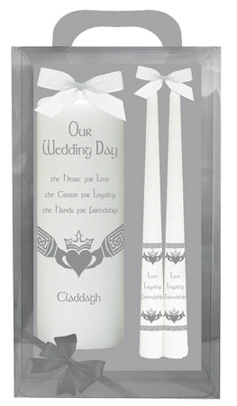 Wedding Candle 8 Inch Claddagh Silver & White