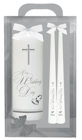 Wedding Candle 8' inch gift boxed Our Wedding Day silver & White