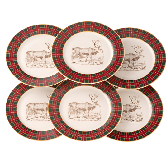 Aynsley Tartan Reindeer Tea/Dessert Plates Set of 6