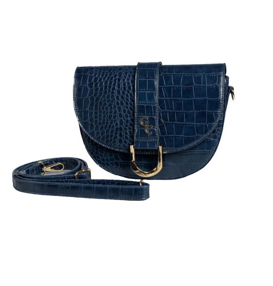 Galway Irish Crystal Saddle Bag - Navy - Croc Detail