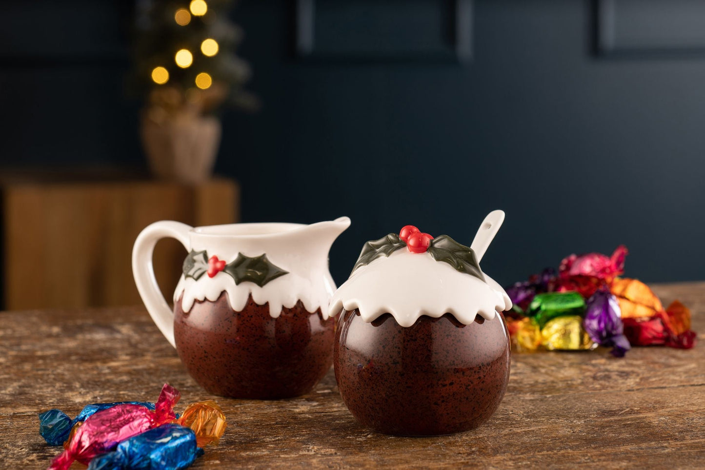 Belleek Living Christmas Pudding Covered Pot With Spoon and Small Jug Set